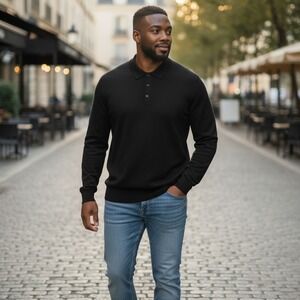 Nordstrom Men's XL Black Preppy Sweater 100% Extra Fine Merino Wool Pullover